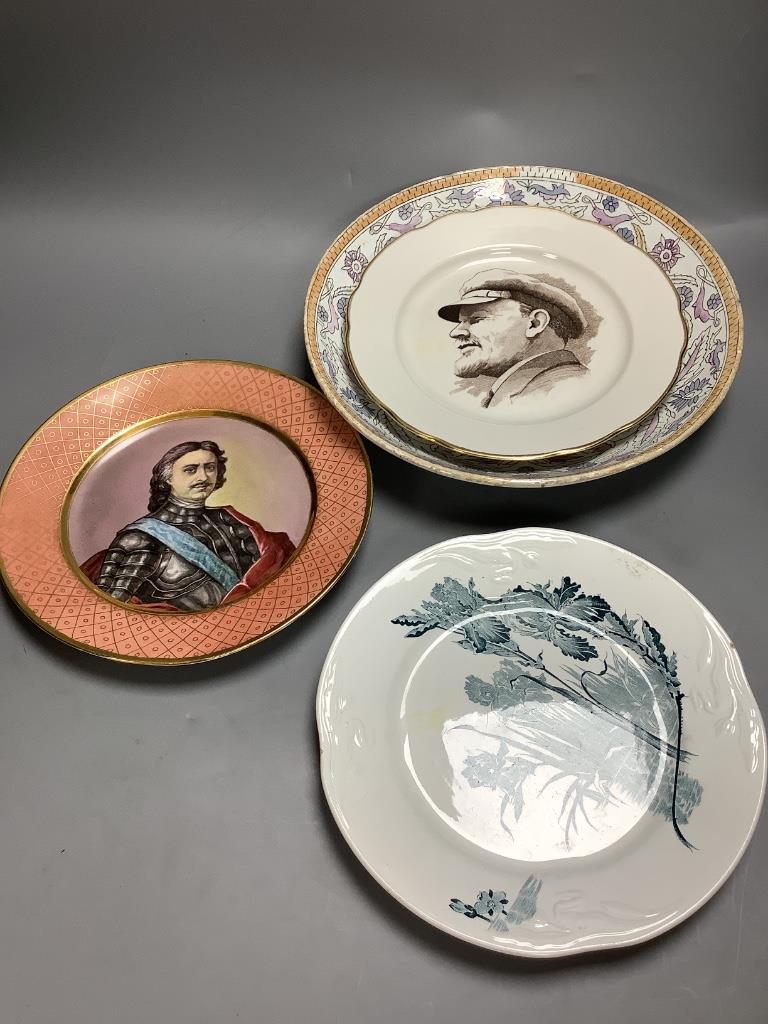 A Russian plate of Stalin, diameter 24cm, two Russian pottery dishes and a portrait plate